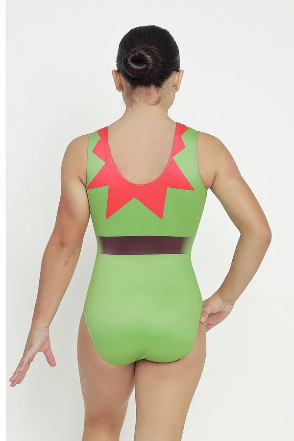 Girls gymnastics leotard front view with elf dress Christmas design