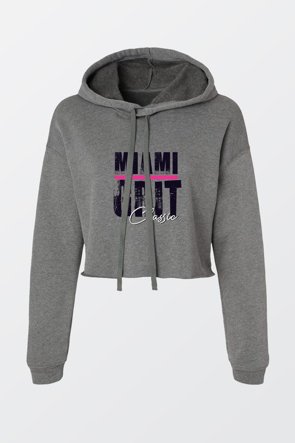 Girls hoodie front view with gray cropped fleece fabric