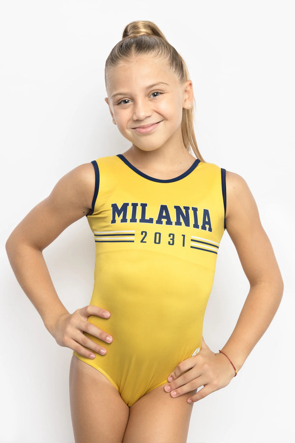 Girls gymnastics leotard front view with golden era graduation year design