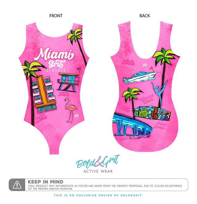 Girls gymnastics leotard Miami Grit 2026 competition design