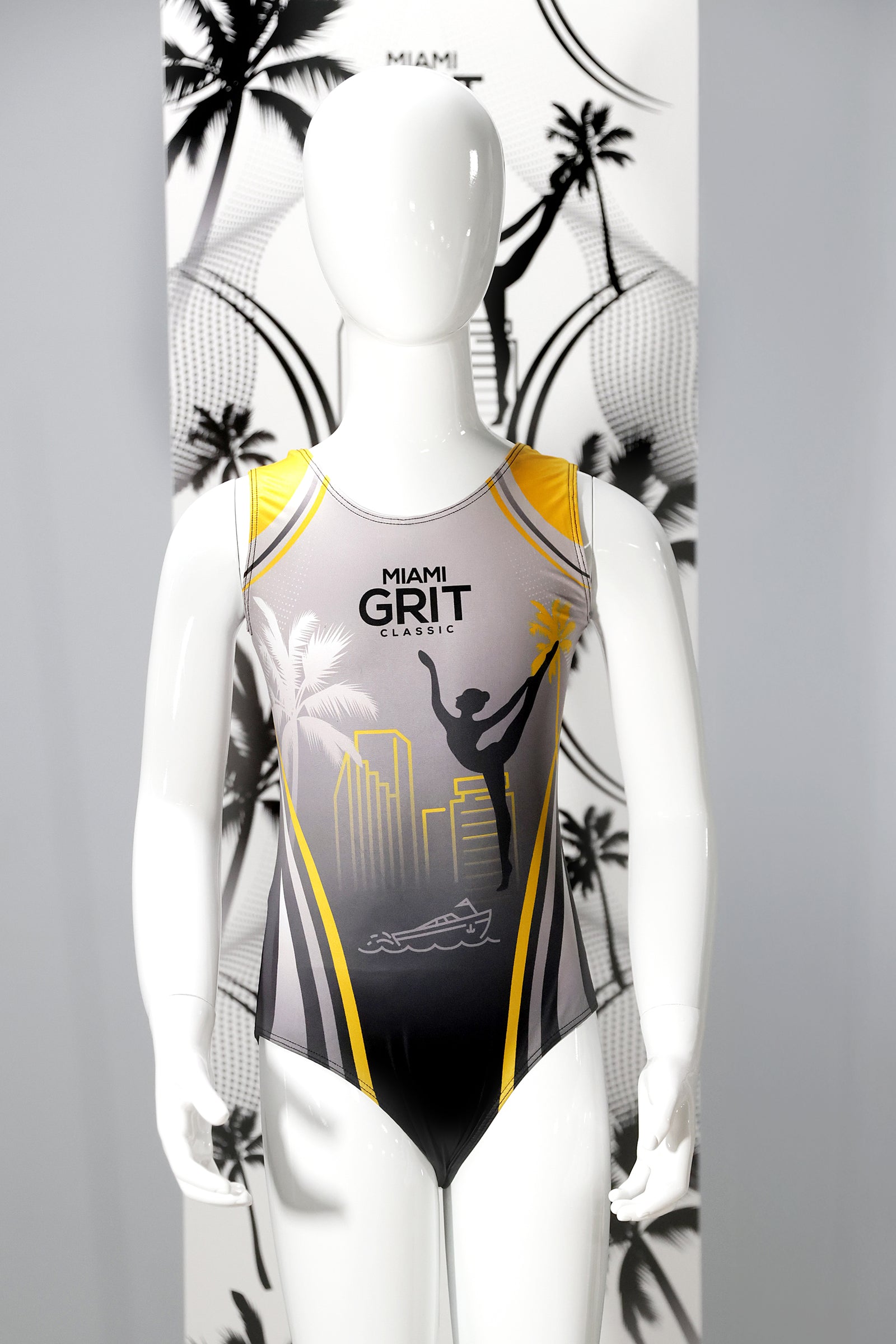 Girls gymnastics leotard front view with Miami Grit classic design 2022