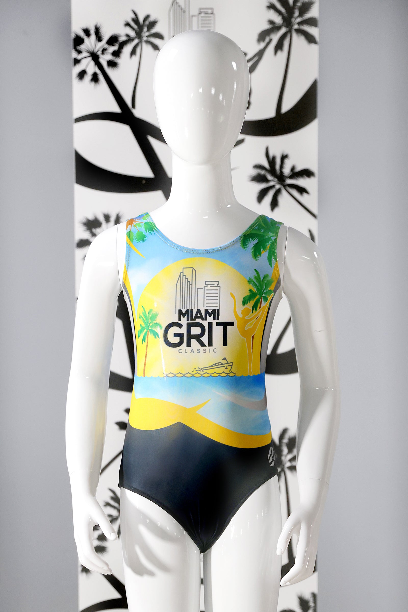 Girls gymnastics leotard front view with Miami Grit classic design 2023