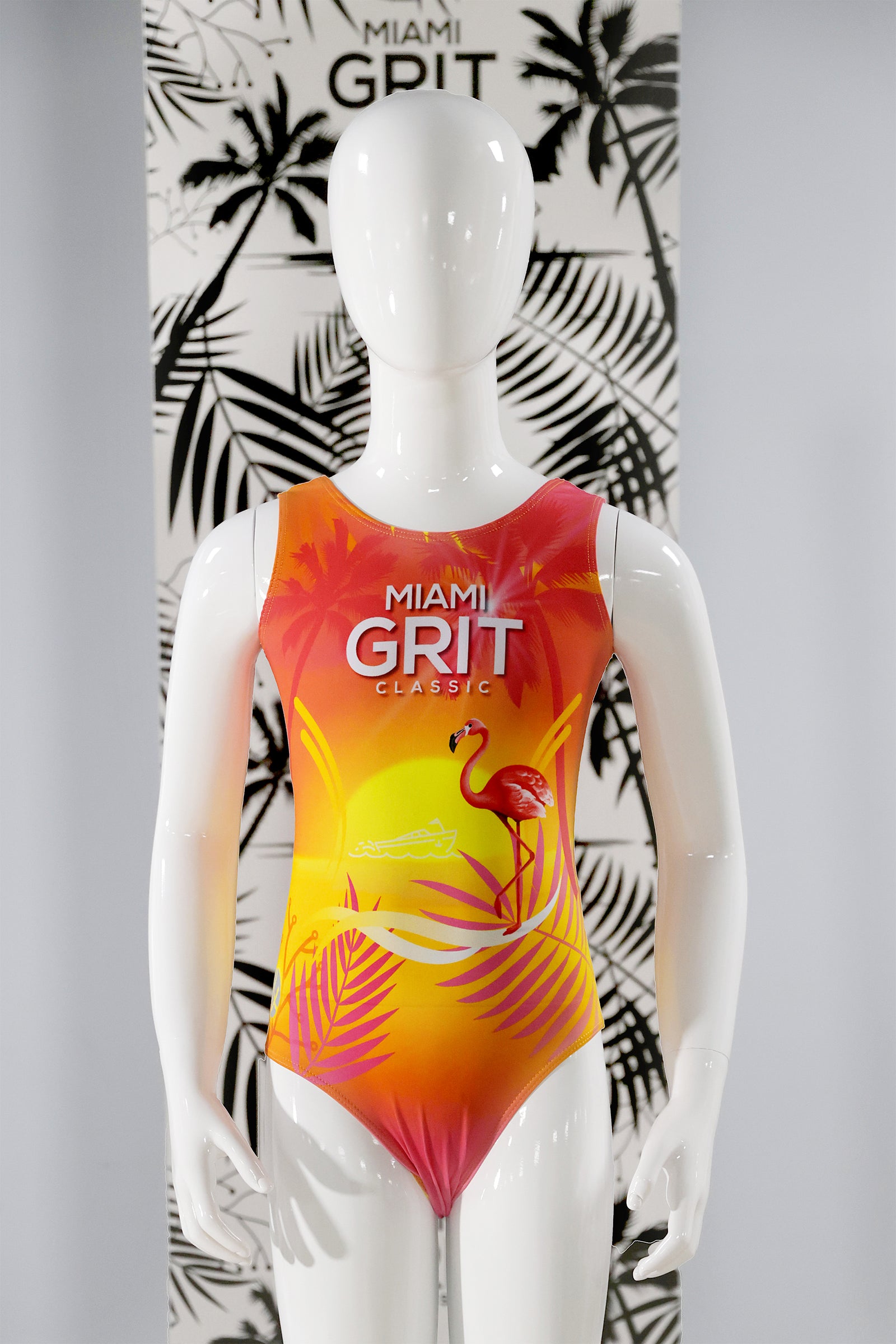 Girls gymnastics leotard front view with Miami Grit classic design 2024