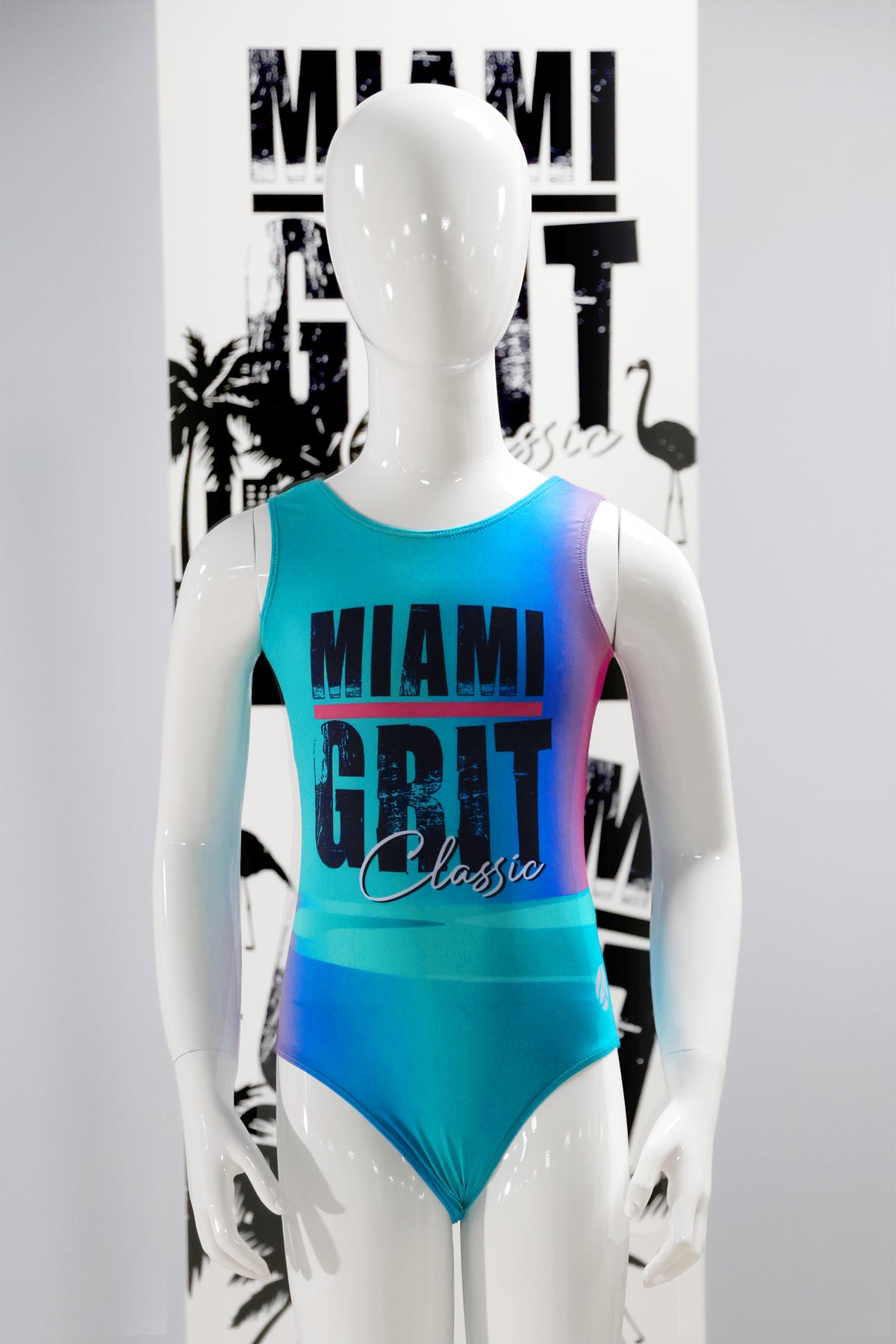 Girls gymnastics leotard front view with Miami Grit classic design 2025