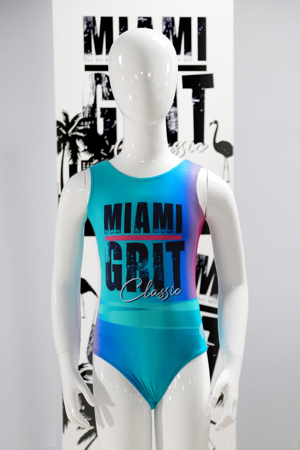Girls gymnastics leotard front view with Miami Grit classic design 2025