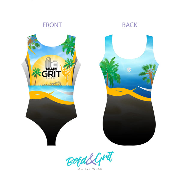 Girls gymnastics leotard front view with Miami Grit classic design 2023