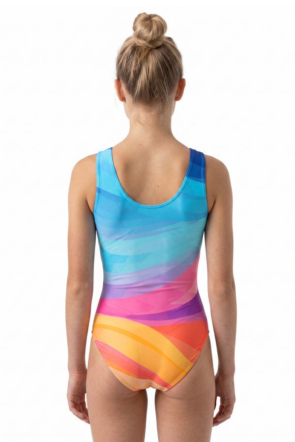 Girl in a turquoise gymnastics leotard with a rainbow sunset wave band