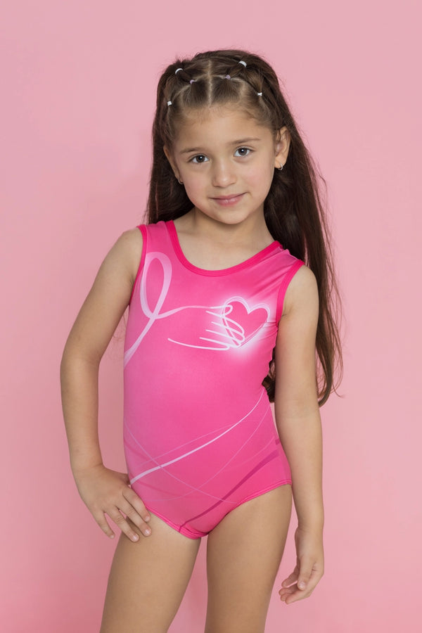 Girls gymnastics leotard front view with pink heart awareness design