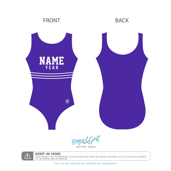 Girls gymnastics leotard front view with purple achieve graduation year design