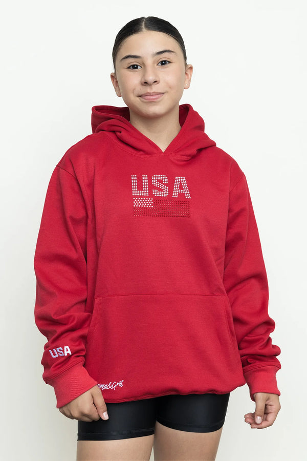 Girls hoodie front view with red USA flag design