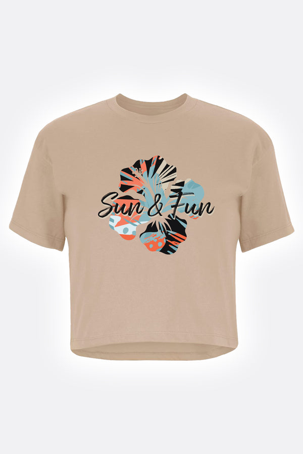 Women's t-shirt front view with tan solid fabric