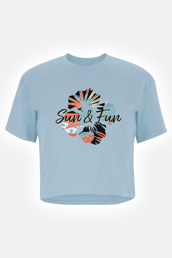 Women's t-shirt front view with stonewash denim print