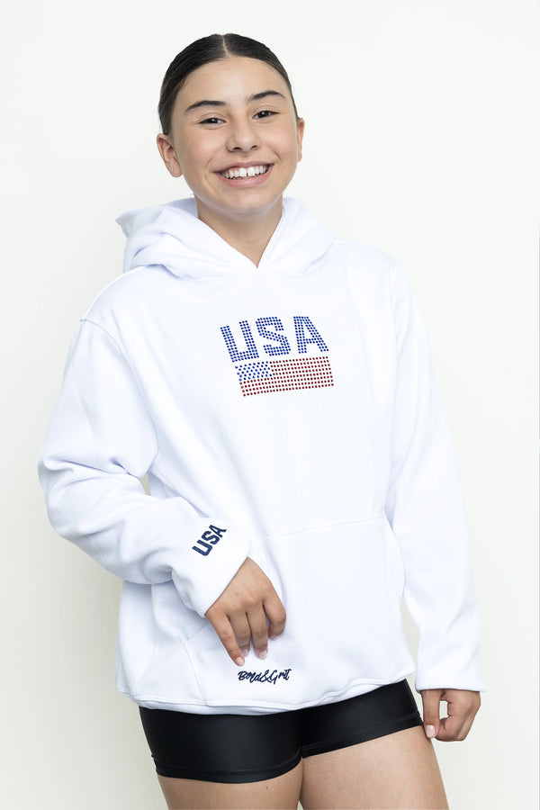 Girls hoodie front view with white USA flag design
