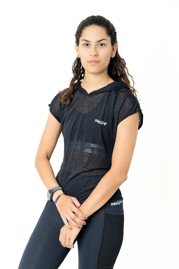 Women's hoodie front view with small logo detail