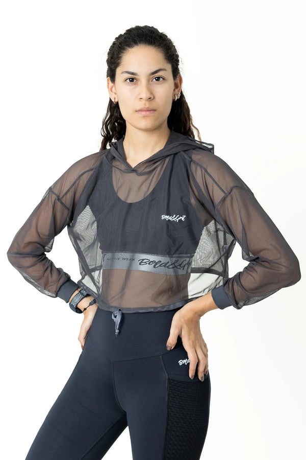 Women's hoodie front view with silver energy print