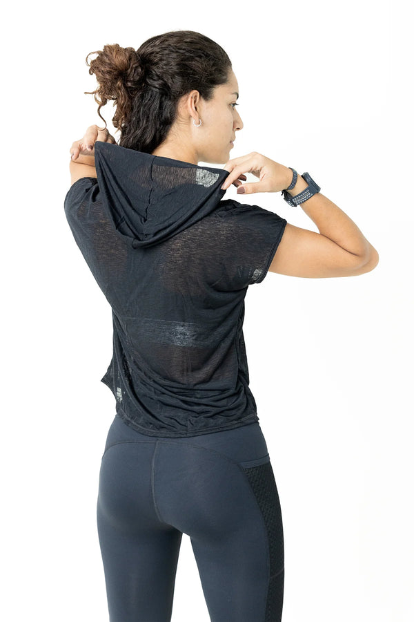 Women's hoodie front view with small logo detail