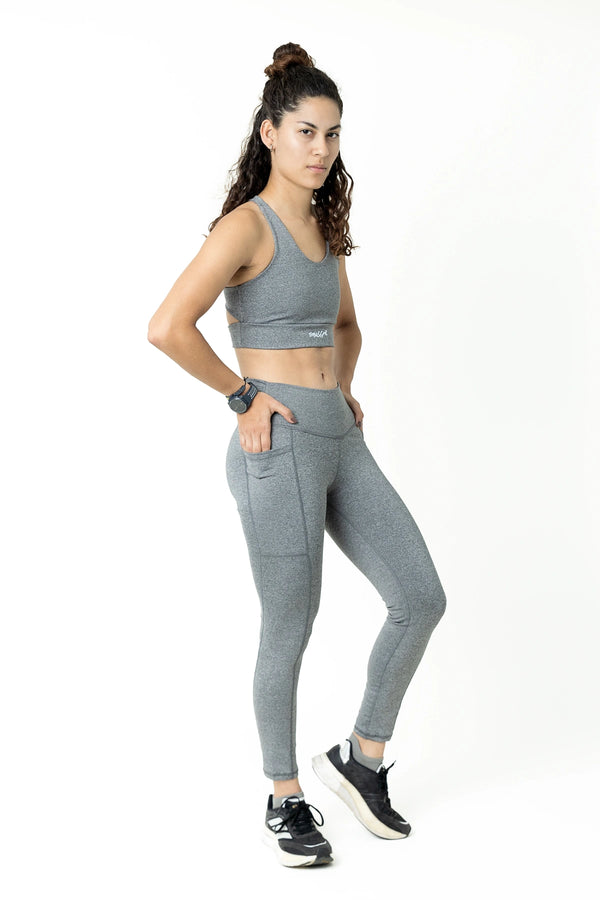 Women's leggings front view with silver energy print