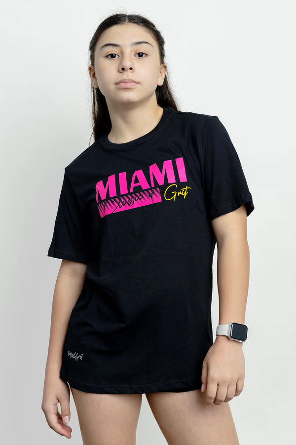 Girls t-shirt front view with solid black fabric
