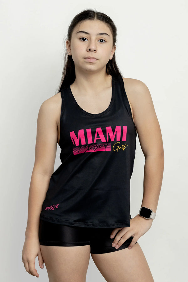 Girls tank top front view with solid black fabric