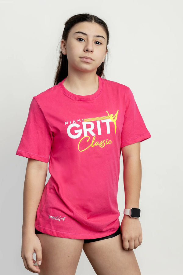 Girls t-shirt front view with pink Miami Grit print