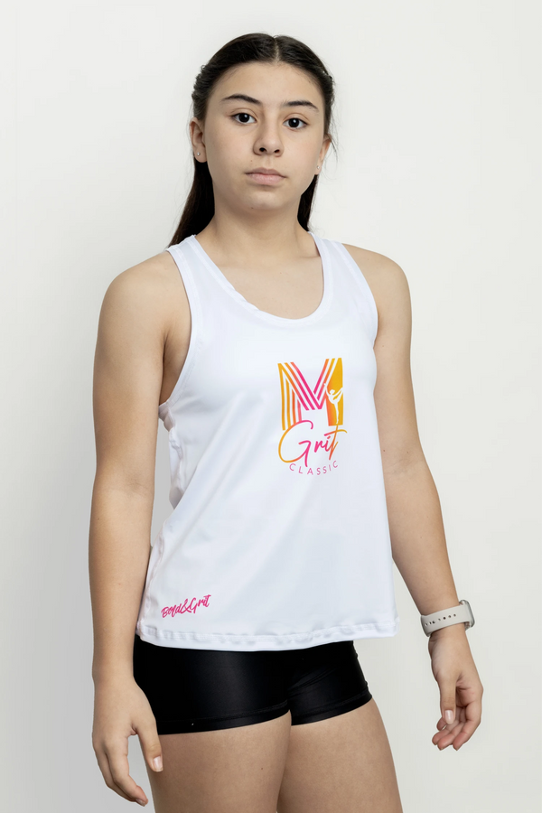 Girls tank top front view with solid white fabric