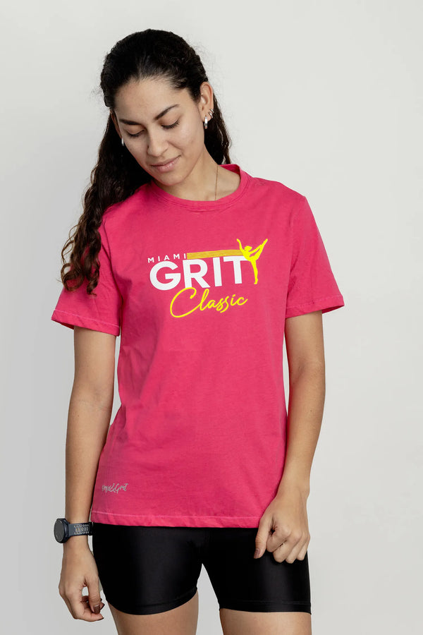 Girls t-shirt front view with pink Miami Grit print