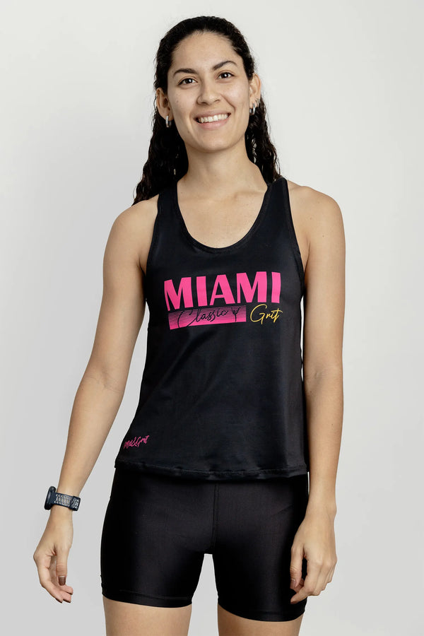 Girls tank top front view with solid black fabric