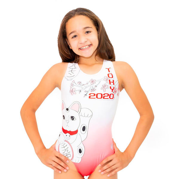 Girls gymnastics leotard front view with Tokyo themed print design