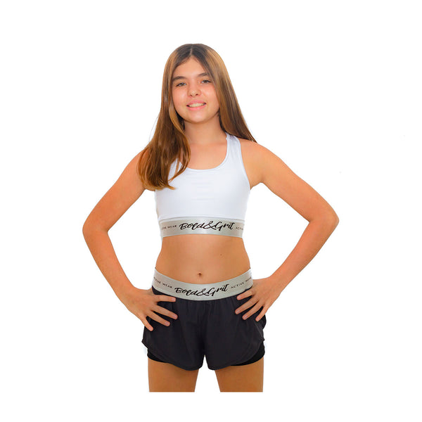 Girls shorts front view with motivational print