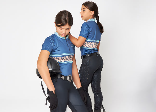 Girls t-shirt front view with blue horse reins equestrian print