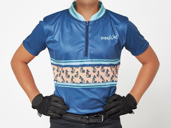 Girls t-shirt front view with blue horse reins equestrian print