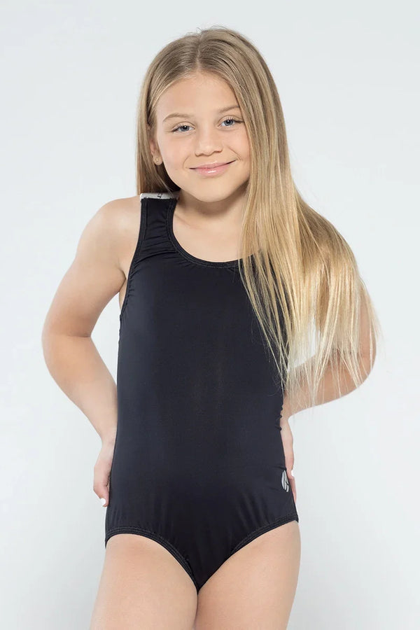 Girls gymnastics leotard front view with motivational print design
