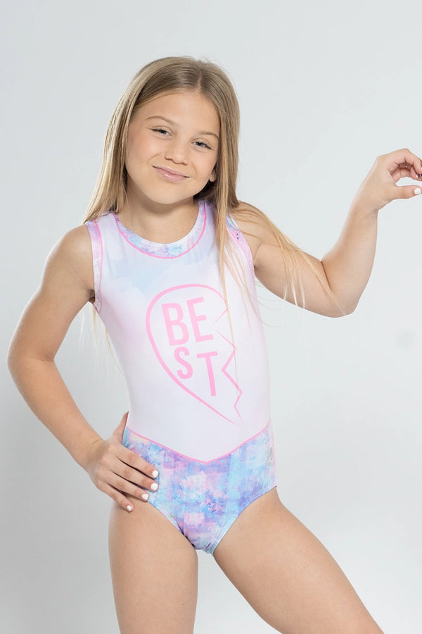 Girls gymnastics leotard front view with best friends split heart right half design