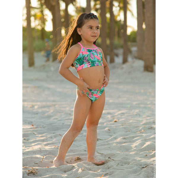 Girls swimsuit front view with tropical flowers design