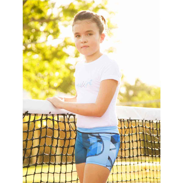 Girls shorts front view with blue geometric love print