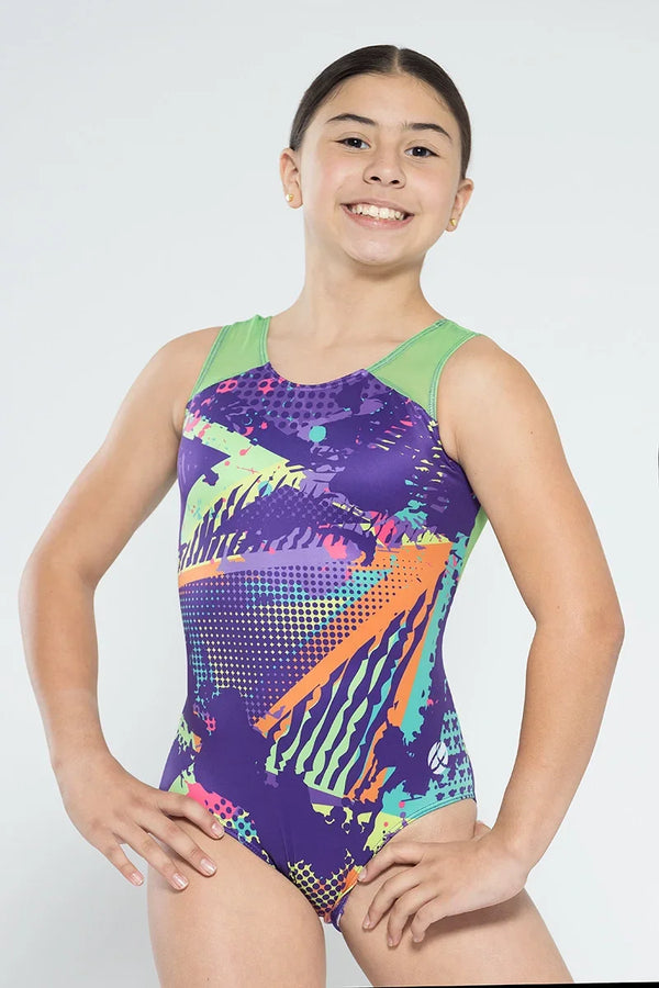 Girls gymnastics leotard front view with mesh tank print design