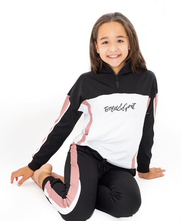 Girls sweatshirt and jogger set front view with rose pink fabric