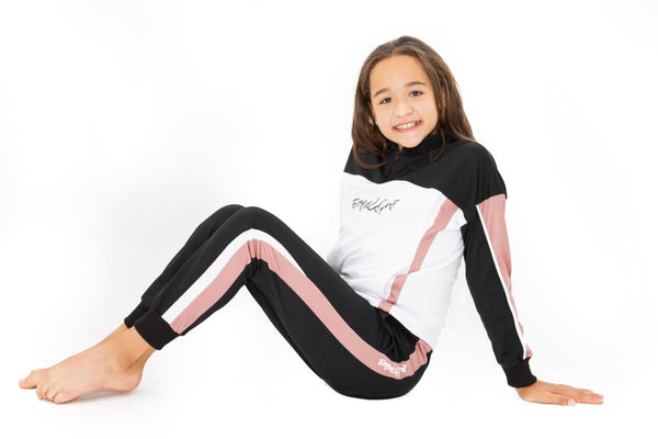 Girls sweatshirt and jogger set front view with rose pink fabric