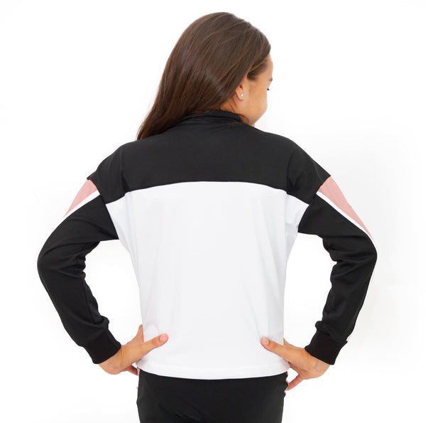 Girls sweatshirt back view with rose pink fabric