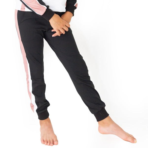 Girls joggers front view with rose pink fabric