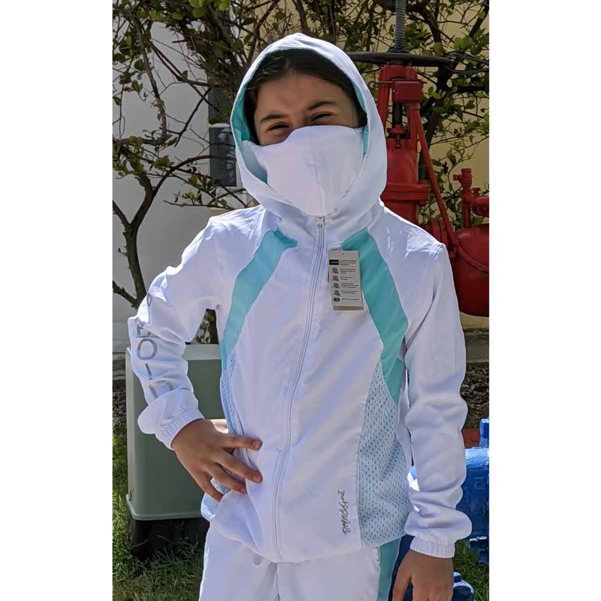 PROTECTIVE WHITE AND BLUE GIRLS&#39; JACKET AND JOGGER SET - FACE MASK INCLUDED FOR GIRL