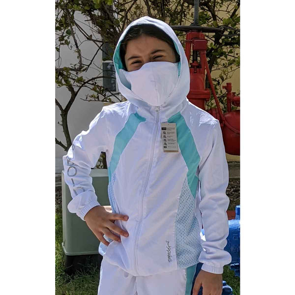 Girls jacket front view with white and blue design