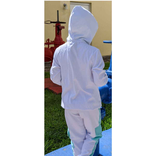Girls jacket and jogger set front view with white and blue design