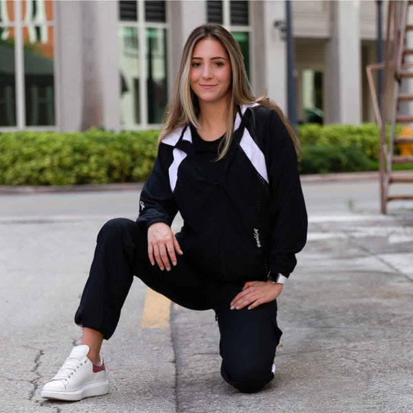 Women's jacket front view with black and white design