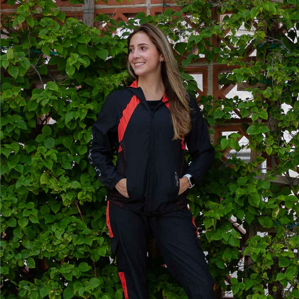 Women's jacket front view with black and sequoia design