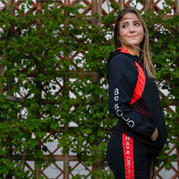 Women's jacket and jogger set side view with black and sequoia design