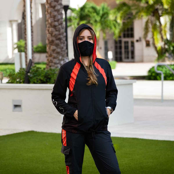 Women's jacket front view with black and sequoia design
