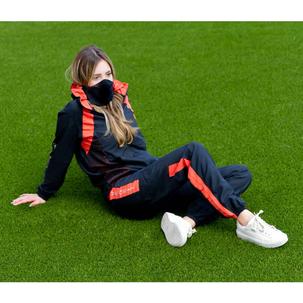 Women's joggers front view with black and sequoia design