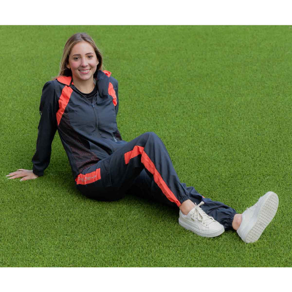 Women's joggers front view with black and sequoia design