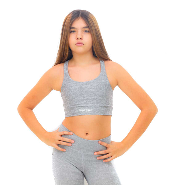 Girls sports bra back view with silver energy print